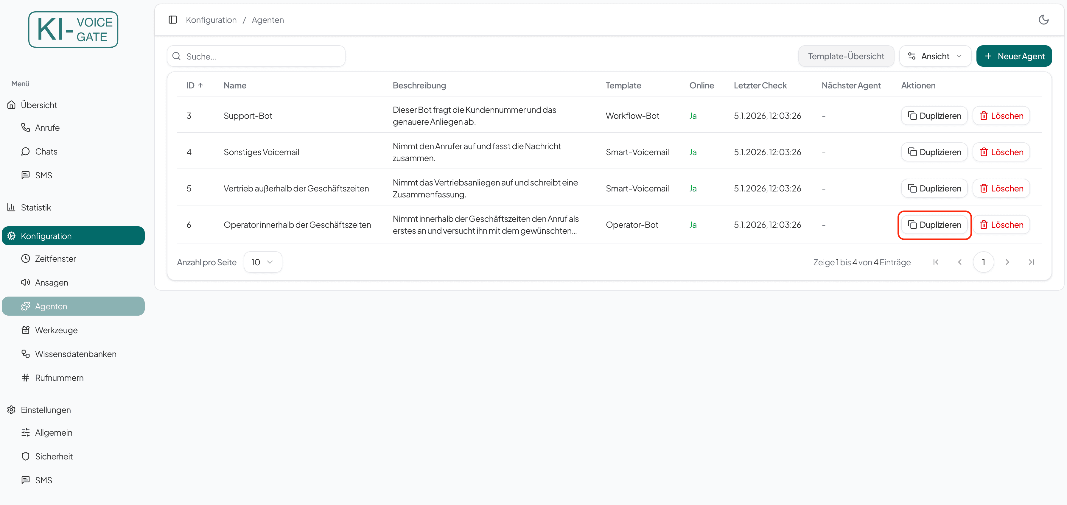 Agenten Übersicht Duplizieren