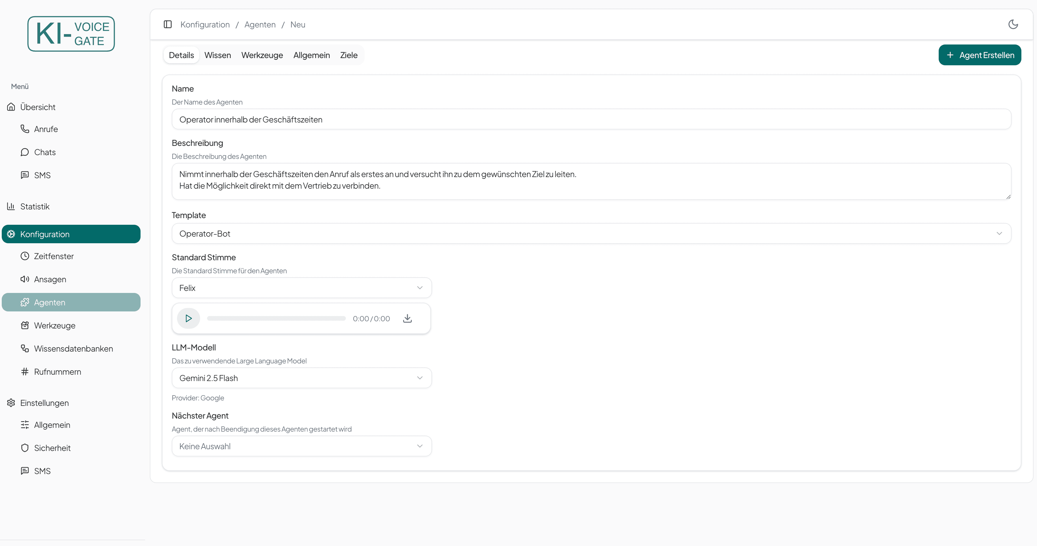 Agenten Details Operator innerhalb der Geschäftszeiten