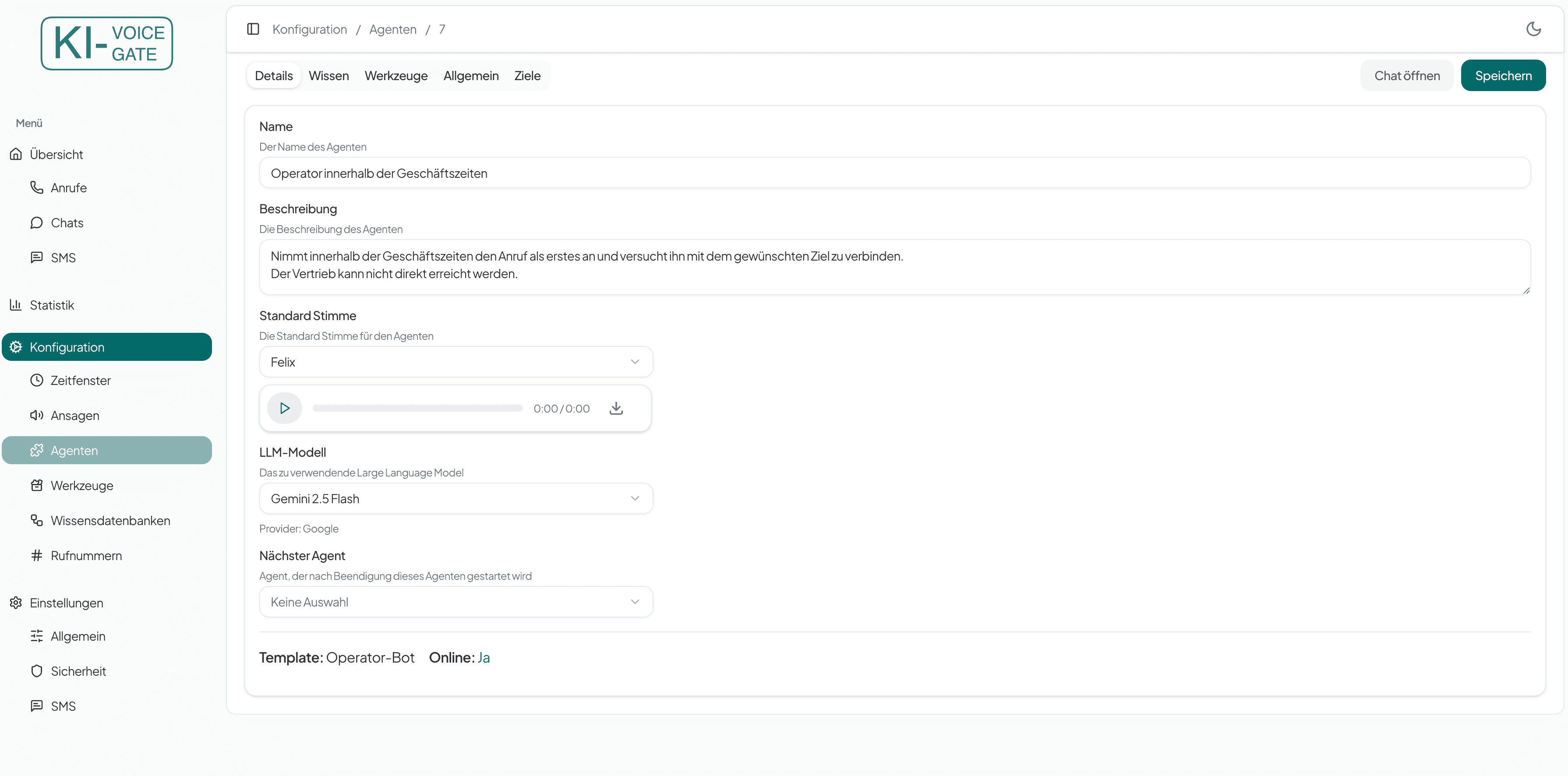 Agenten Details Operator außerhalb der Geschäftszeiten