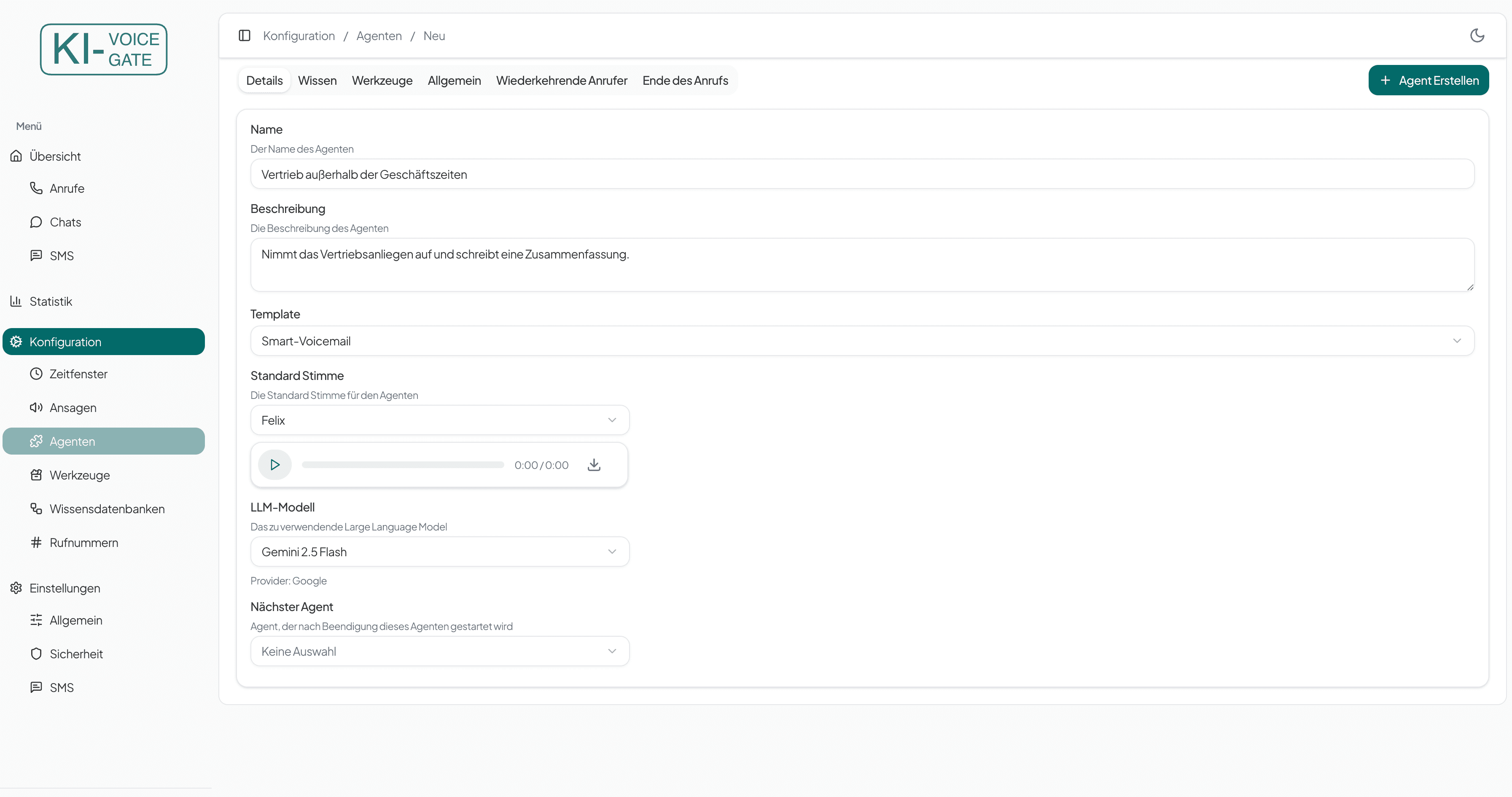 Agenten Details Vertrieb außerhalb der Geschäftszeiten