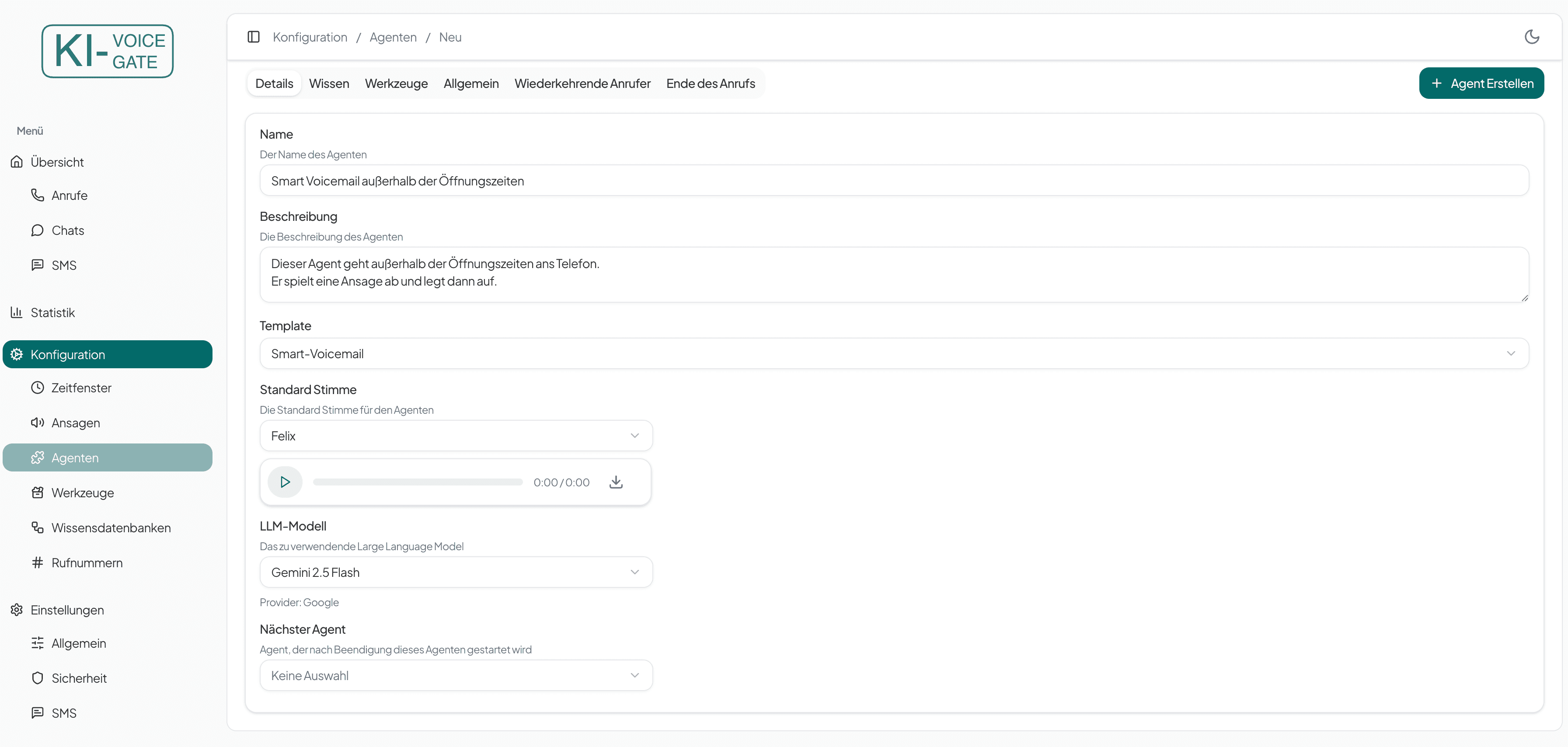 Agenten Details außerhalb Geschäftszeiten