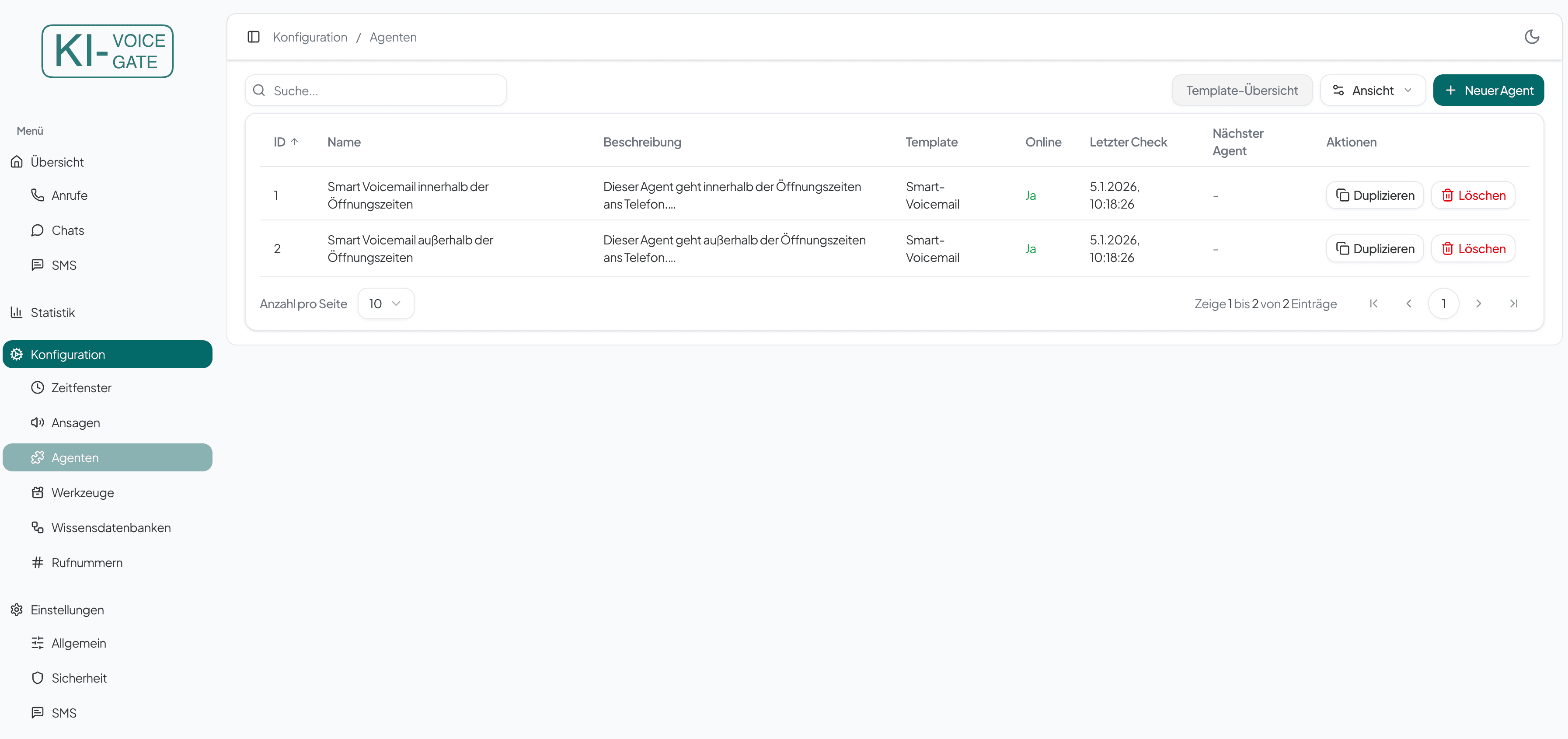 Agenten Übersicht nach Erstellung beider Agenten